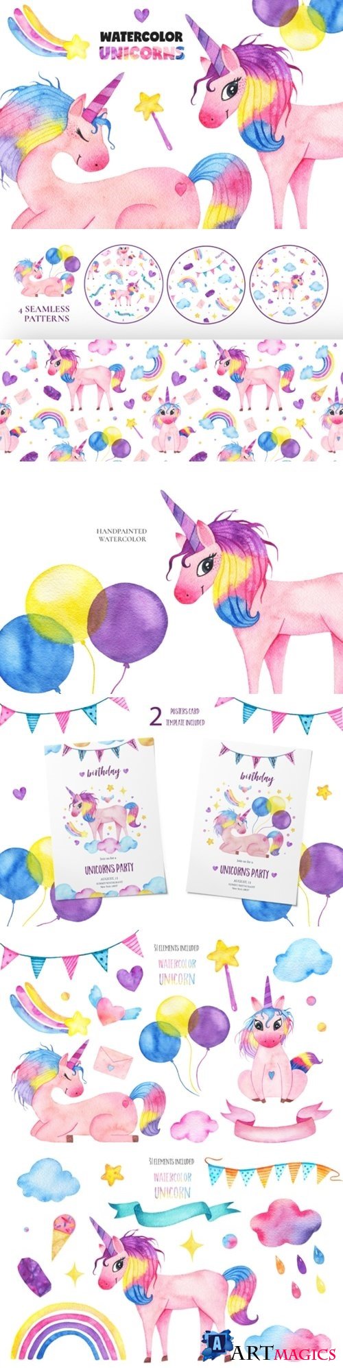 Cute watercolor unicorns collection - 3585531