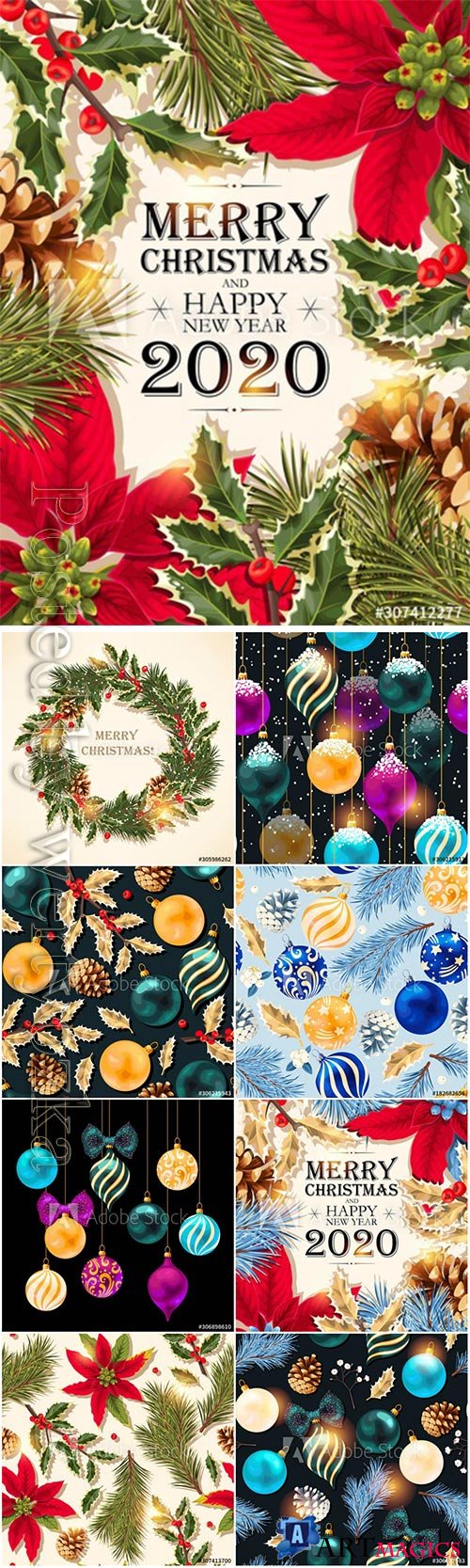 Christmas and New Year vector backgrounds with decorations