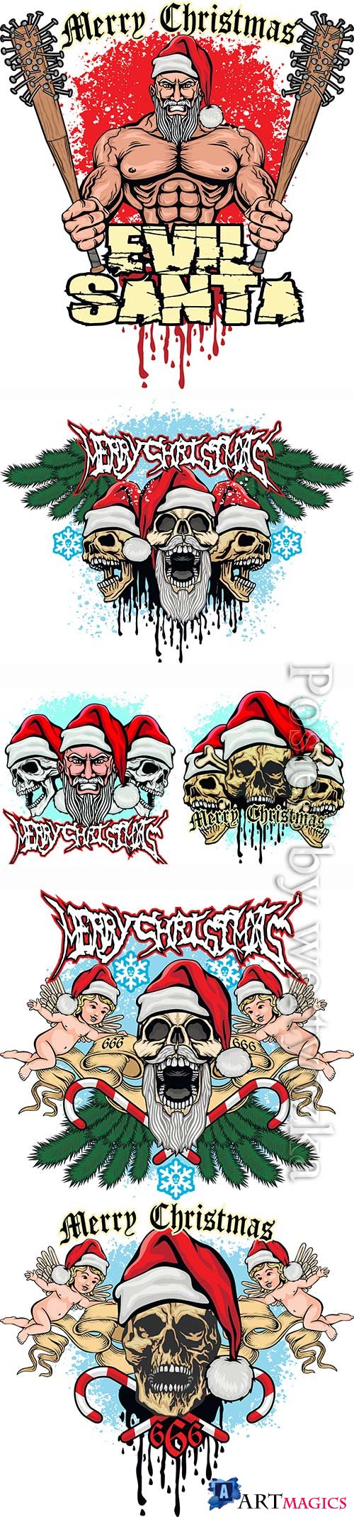 Xmas sign with skull and Santa Claus, grunge vintage design