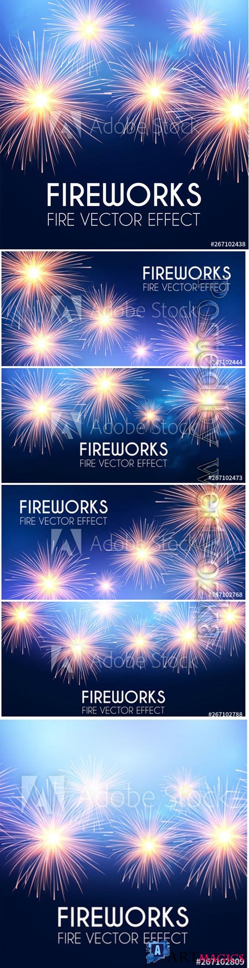 Sparkling fireworks on a blue vector background