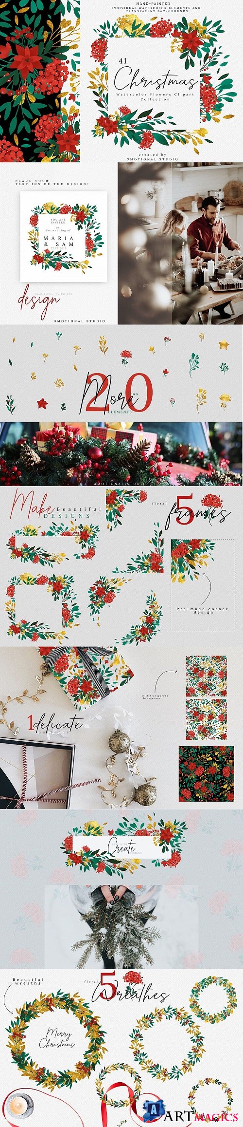 Christmas Watercolor Flowers Clipart Collection - 408315