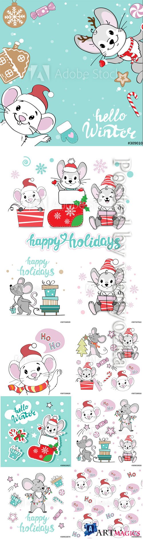Christmas illustration set with Christmas mice on a 
