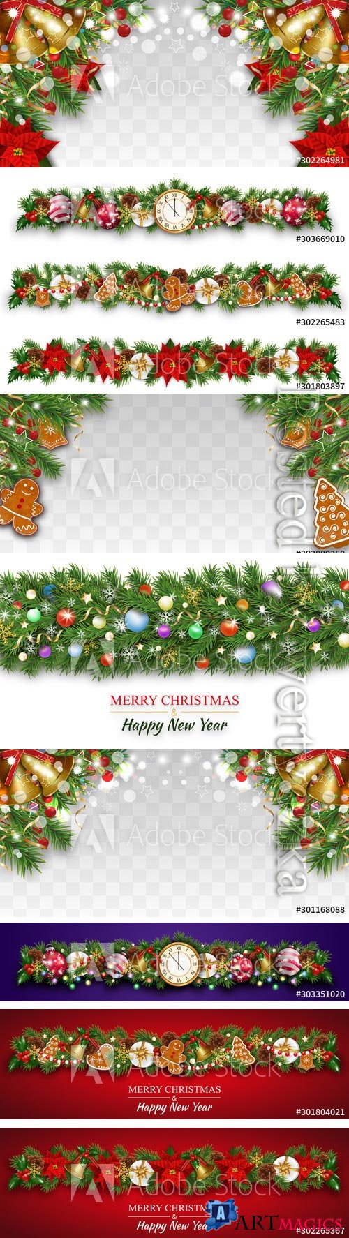 Happy New Year composition with fir tree branches, garland fective set