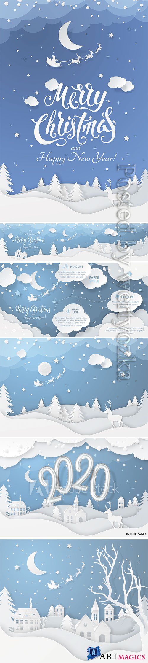 Vector winter night scene with fir trees, houses, moon, deer and realistic 2020 numbers