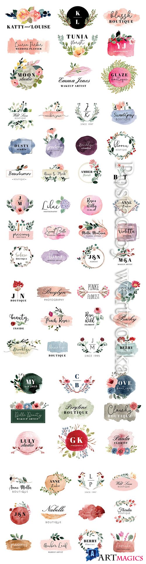 Logo with beautiful floral and brush stroke watercolor collection
