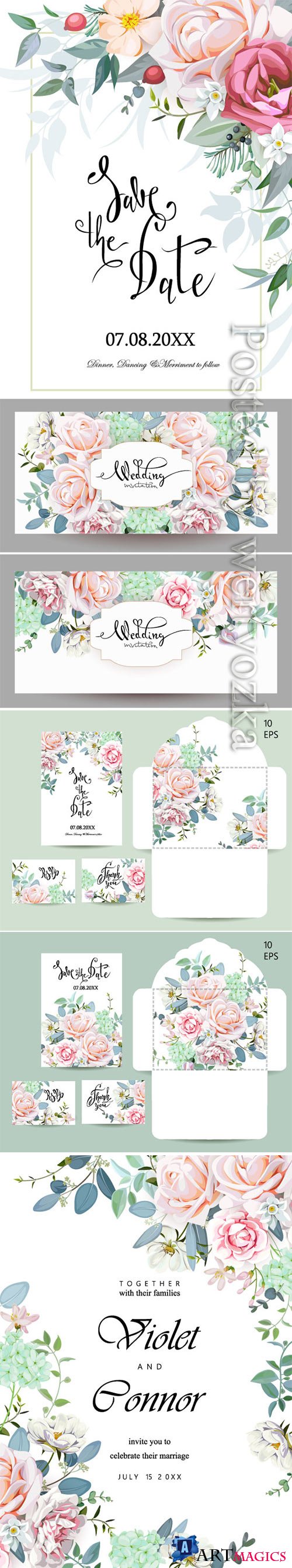 Wedding vector set with invitations and an envelope
