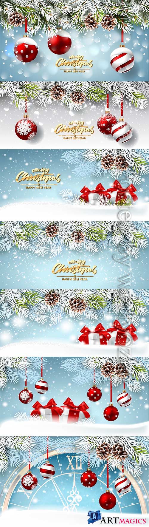 Christmas card with gifts on a winter background of snow-