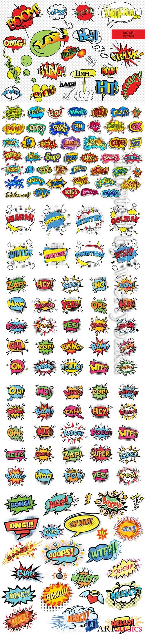 Sticker collection for comic style chat bubble for different word