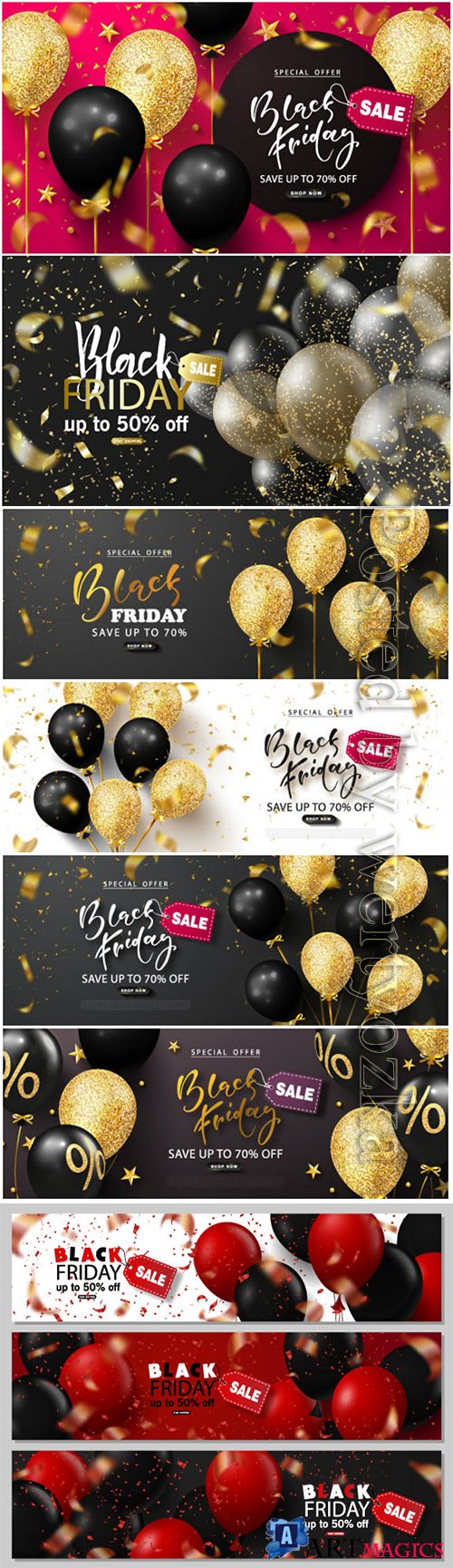 Black friday sale background with beautiful balloons and flying serpentine