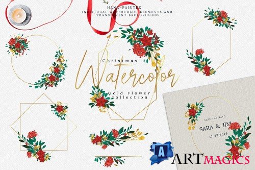 Christmas Watercolor Gold Flower collection - 410169