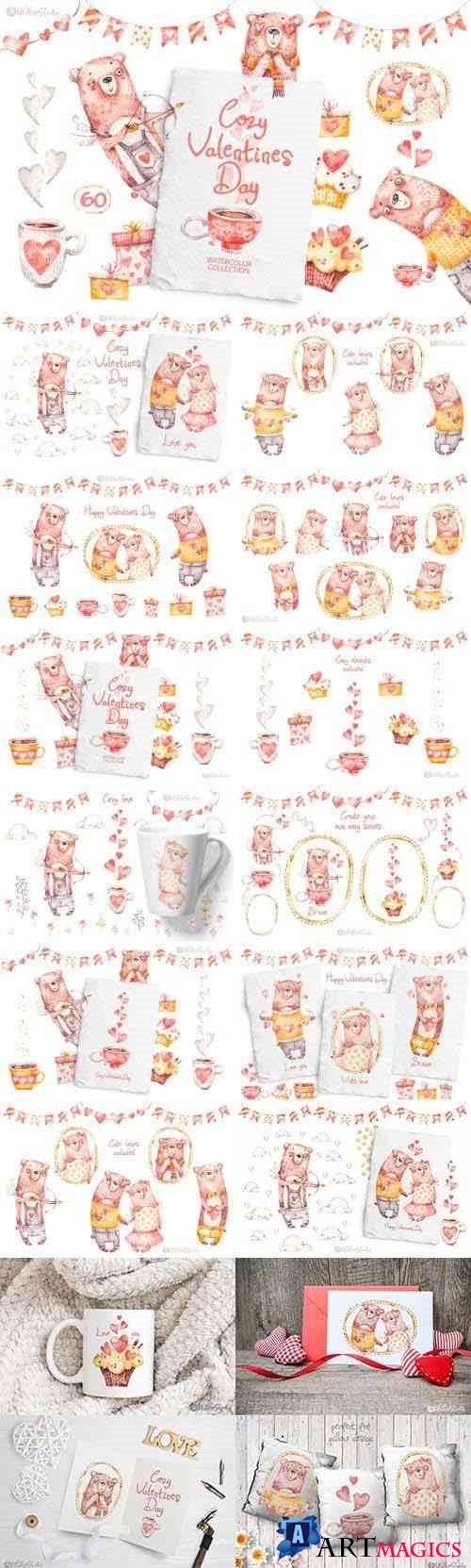 Cozy Valentines Day. Lovely bears watercolor collection - 411510