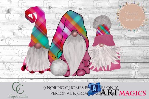 Scandinavian Tomte Gnomes - Pink Tartan - 406746
