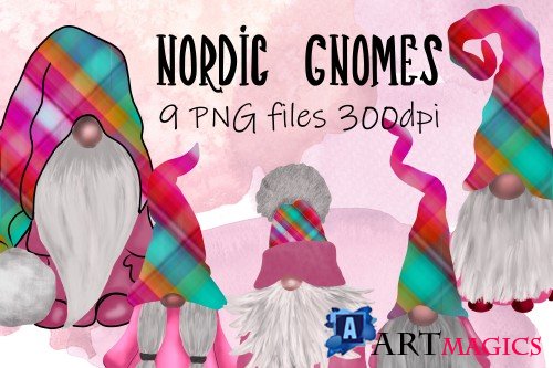 Scandinavian Tomte Gnomes - Pink Tartan - 406746