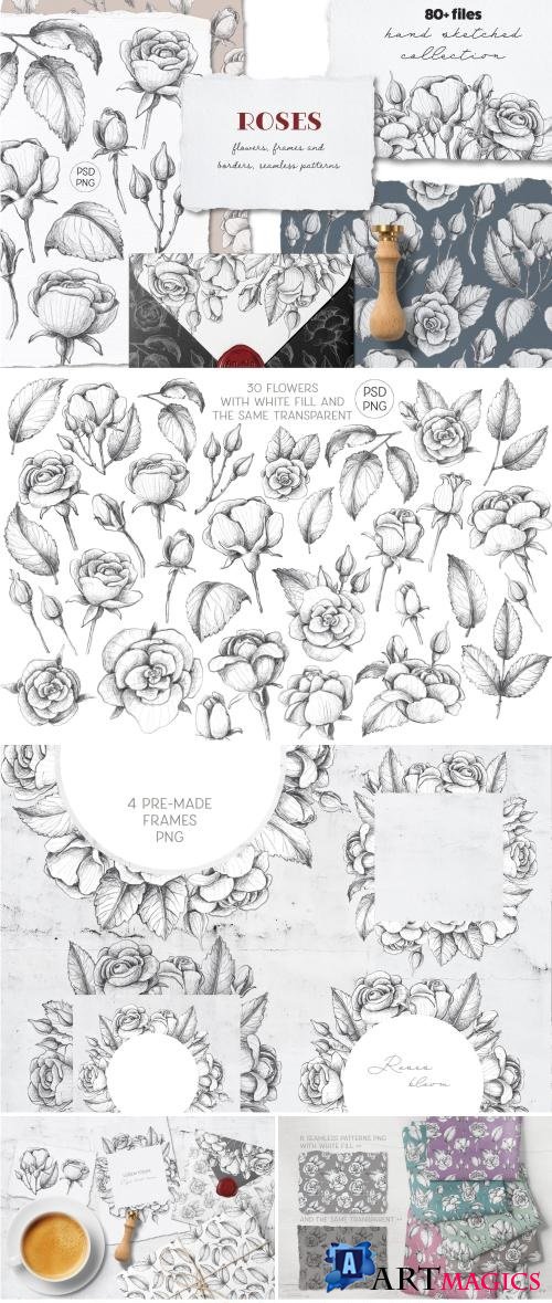 Sketched roses, patterns, frames - 4379320