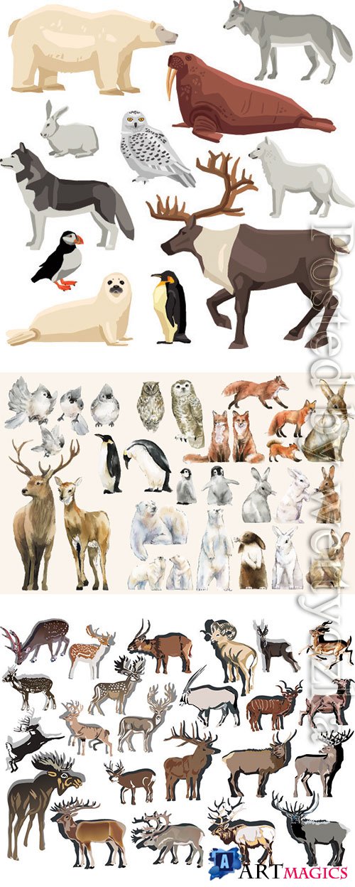 Hand-drawn animals set watercolor style