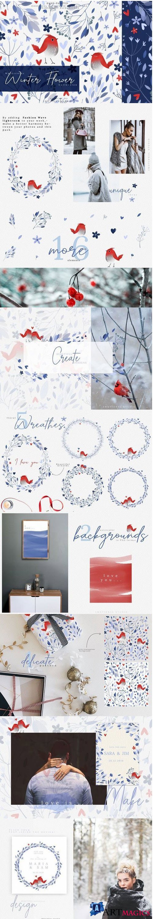 Watercolor Winter Flower Collection high res png - 414433