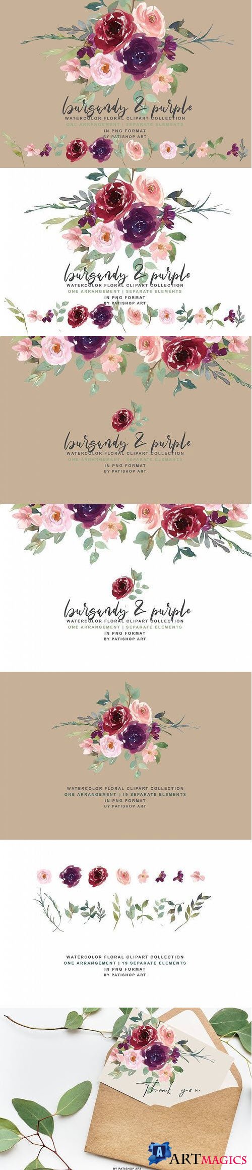 Burgundy Purple and Blush Watercolor Floral Clipart Set - 413853