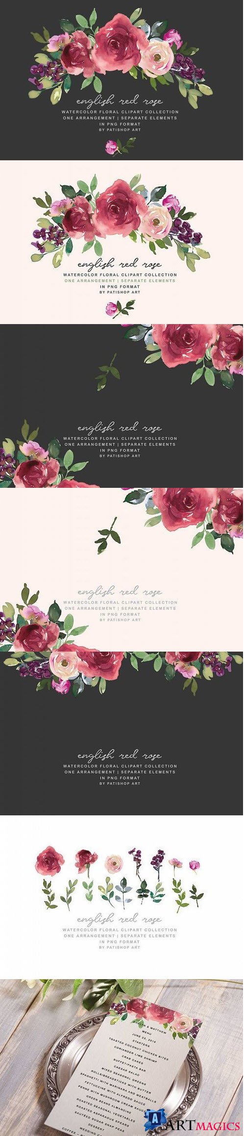 Red Watercolor Floral Clipart Burgundy Rose Set - 415202
