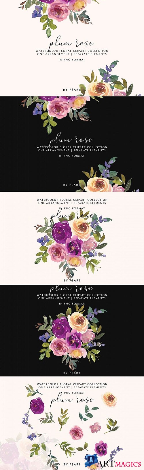 Plum and Blush Watercolor Floral Clipart Collection - 415940