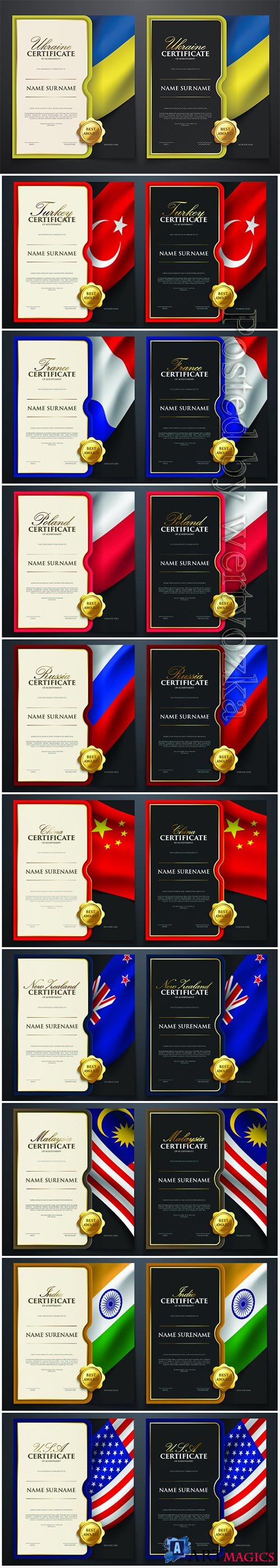 Set of patriotic achievement certificate with  flag, luxury elegant gold style cover