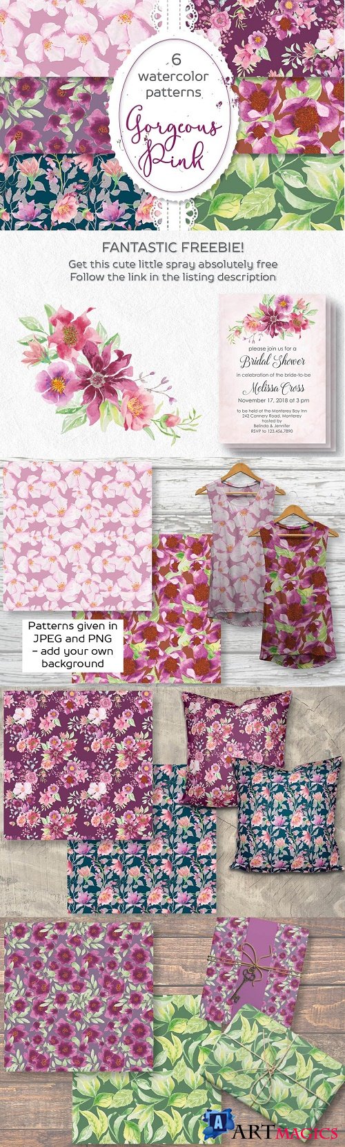 Six pink floral watercolor patterns - 2624167