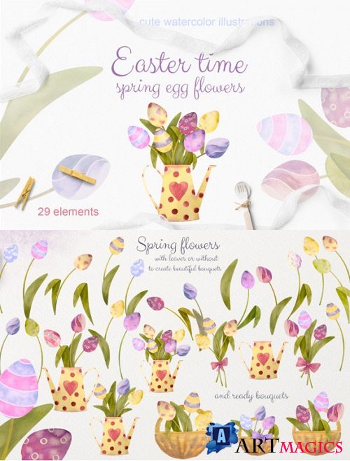Easter Time. Set Watercolor Egg Flowers