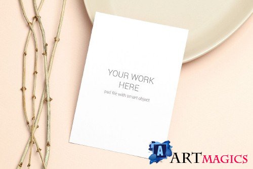 Mockup postcard with wooden branch on beige background - 417109
