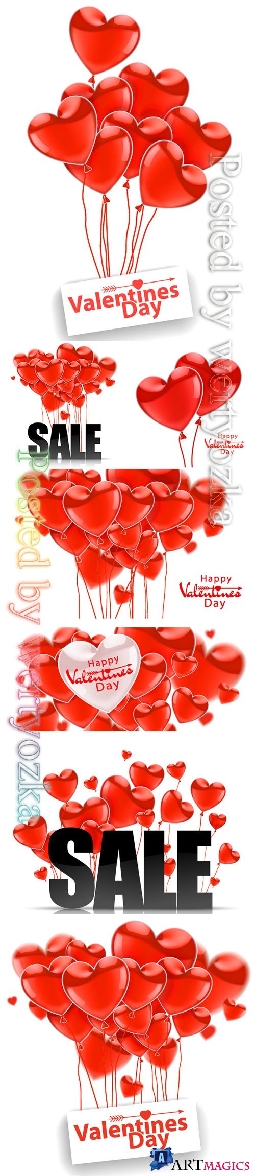 Happy Valentines Day, red flying realistic glossy balloons on a white background