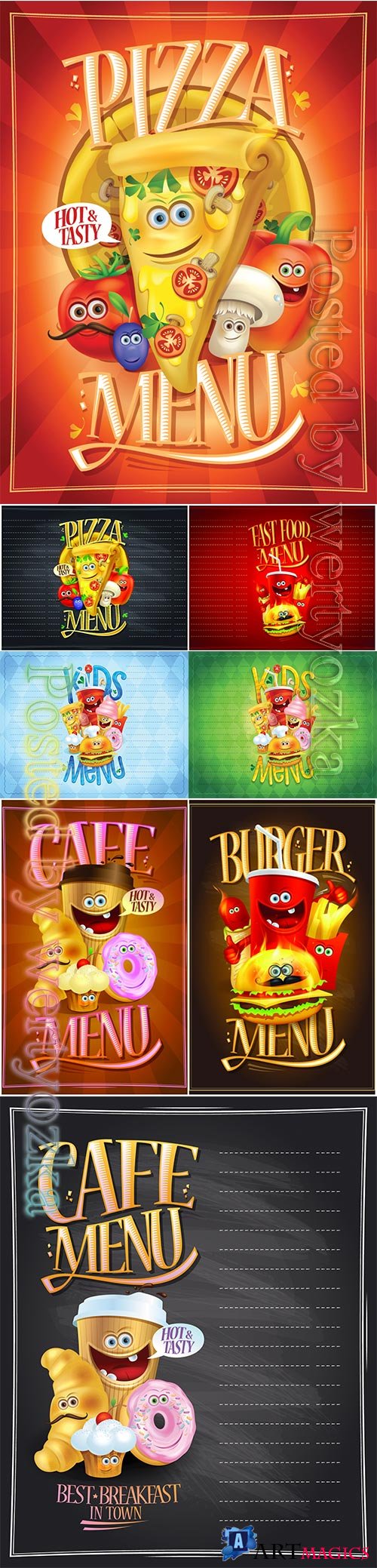 Kids menu list design concept with hot dog, burger, french fries, pizza, donut, ice cream, muffin and drink