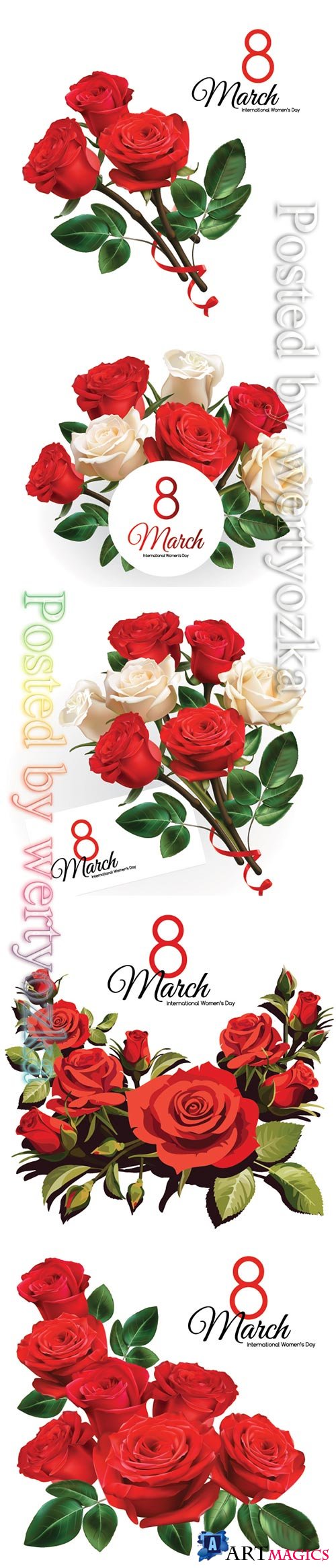 8 March Women's Day greeting card template with red roses