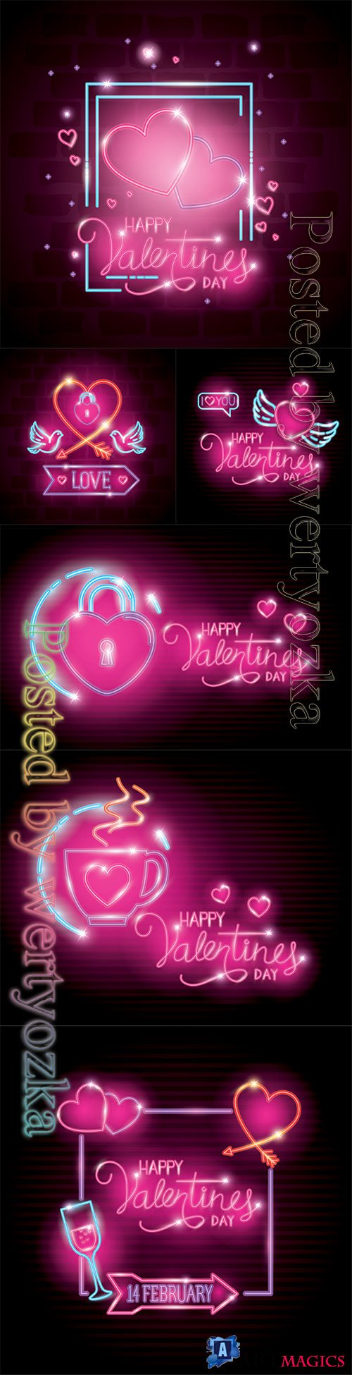 Happy valentines day with heart and wings of neon lights vector illustration design