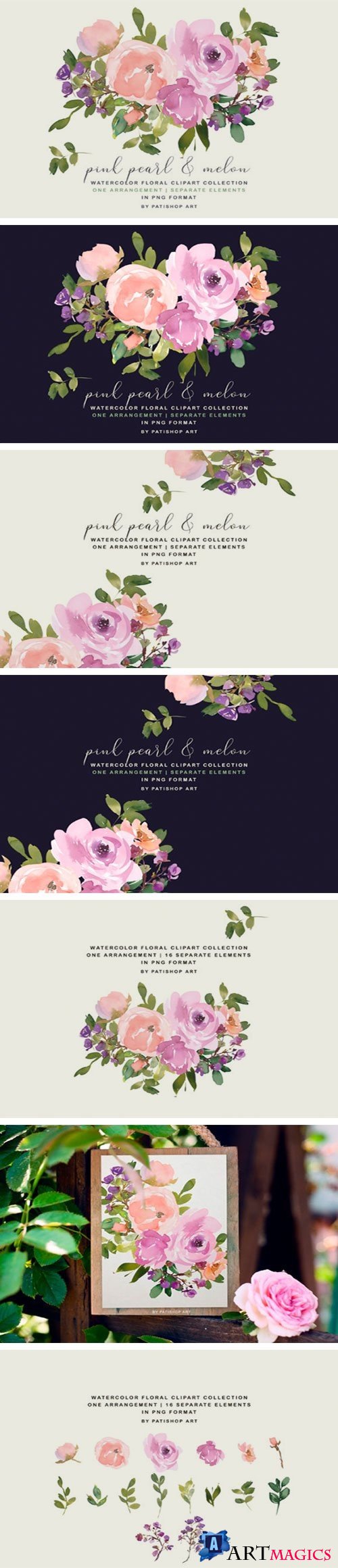 Blush Pink Watercolor Floral Bouquet Set 2544423