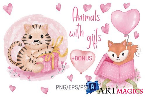 Animals with gifts. Free BONUS. Valentine's Day - 422135