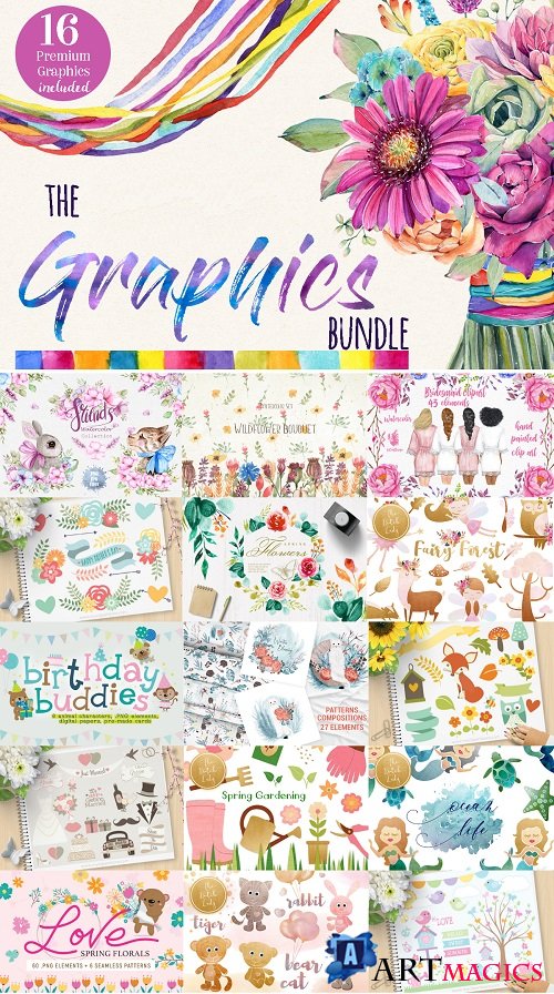 The Graphics Bundle - Clipart, Illustrations, Patterns, Premade compositions