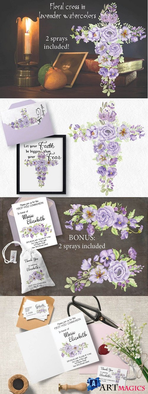 Floral cross in lavender watercolors - 2280807