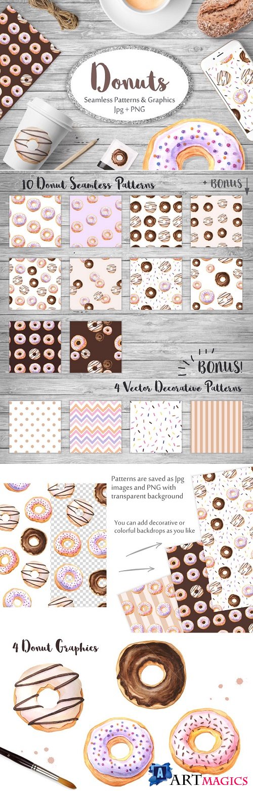 Watercolor Donuts Patterns&Graphics - 650765