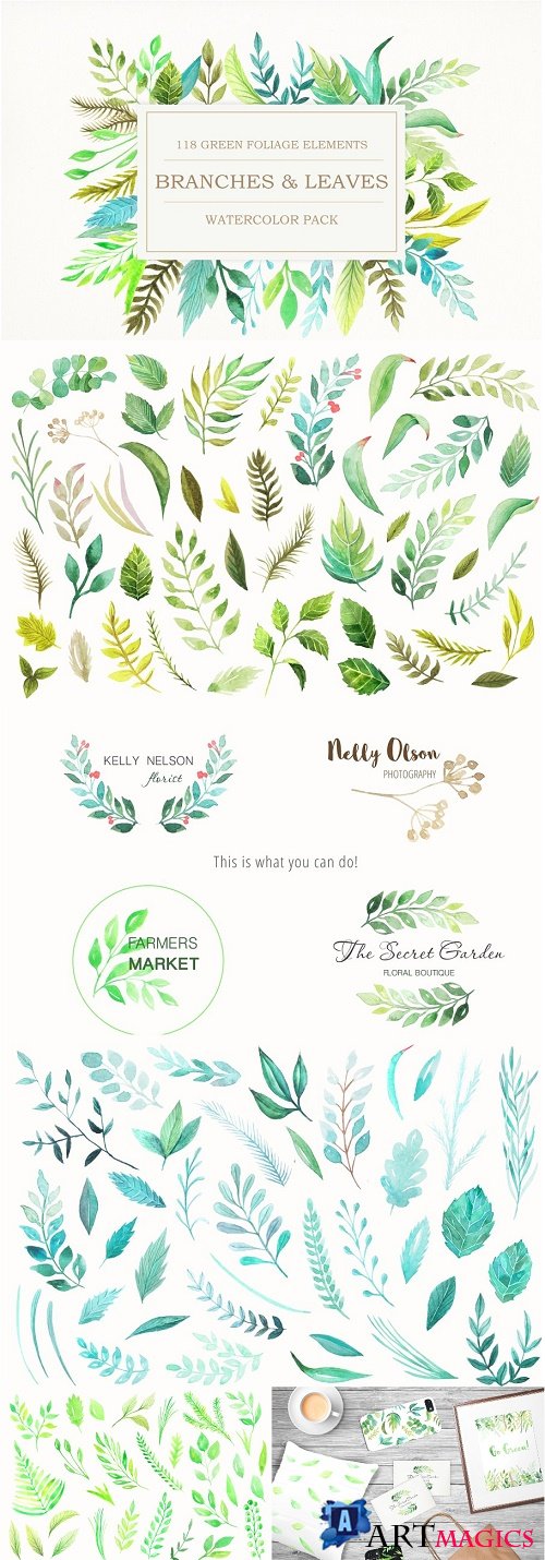 Watercolor Green Elements Pack - 674388