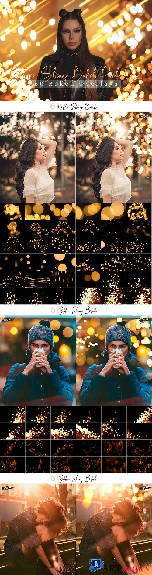 60 Golden Shiny Bokeh Pack 02 lights Effect Photo Overlay - 429532