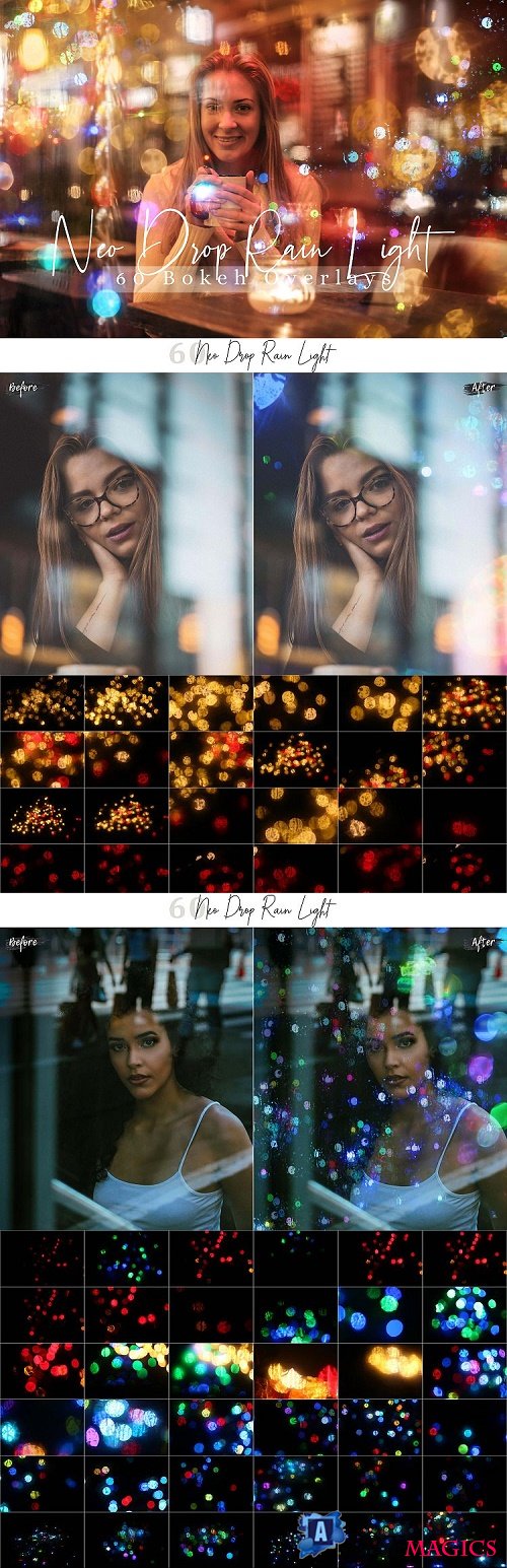 60 Neo Drop Rain lights Effect Photo Overlays - 424582