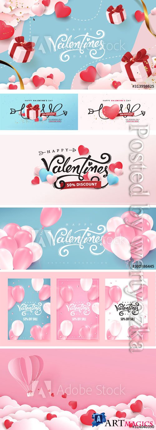 Valentines day background with heart shaped balloons and gift falling