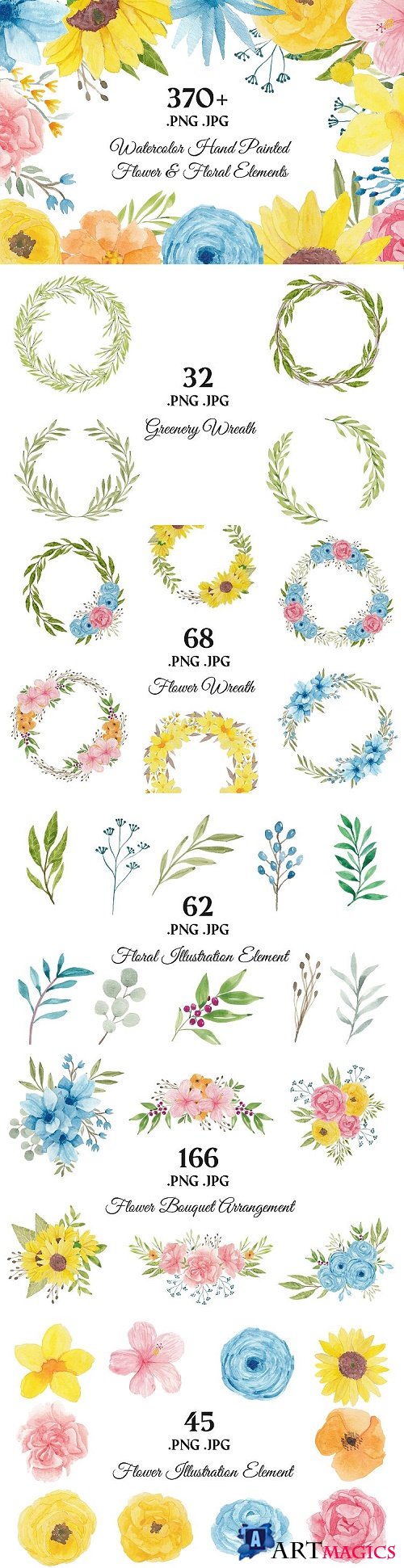 373 Flower and Floral Watercolor Illustration Clip Art  - 421746