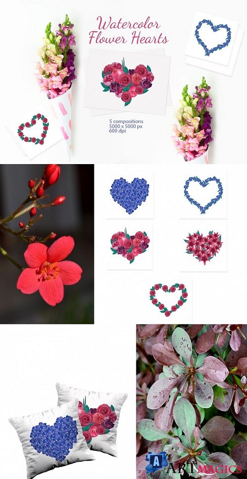 Watercolor flower hearts  - 429124