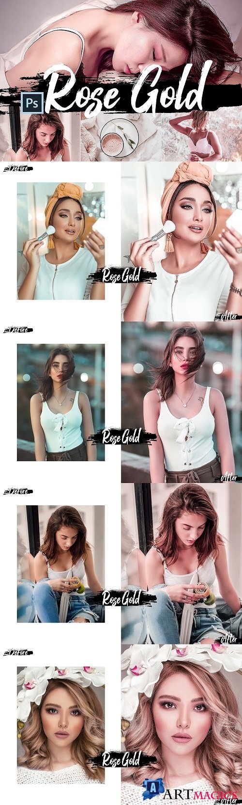 06 Rose Gold Photoshop Actions, ACR and LUT presets, pink  - 432176