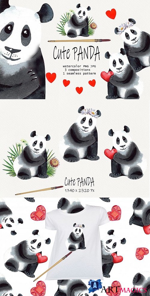 Watercolor Cute Panda Clip Art - 423824