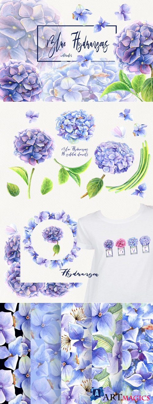 Watercolor Blue Hydrangeas Clip Art