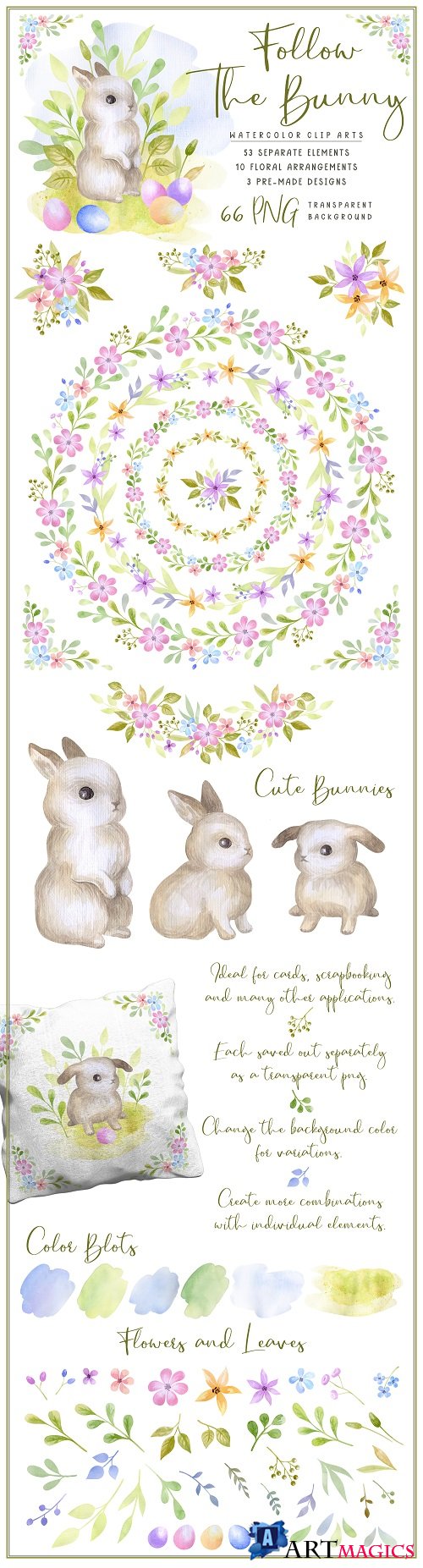 Follow the bunny. Watercolor Easter clip art - 436112