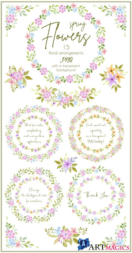 Spring flowers. Watercolor wreaths and bouquets - 436124