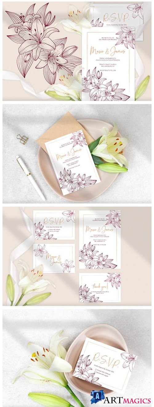 Lilies Wedding Invitation Template Floral Printable Cards  - 442968
