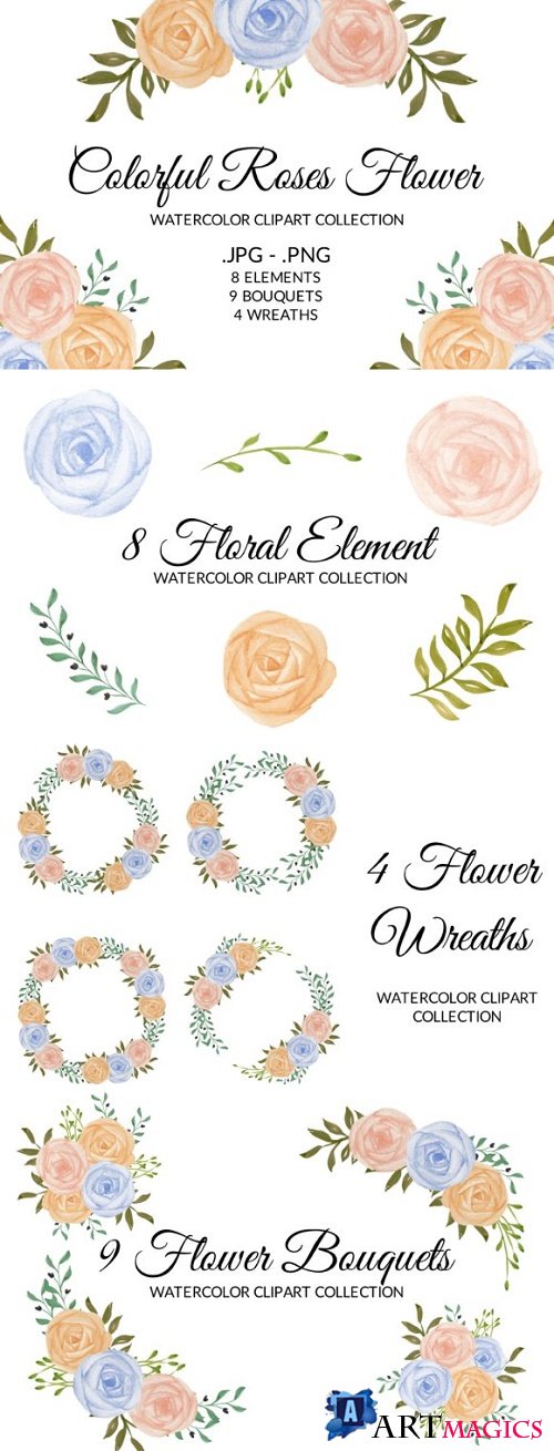 Colorful Rose Flower Watercolor Clipart