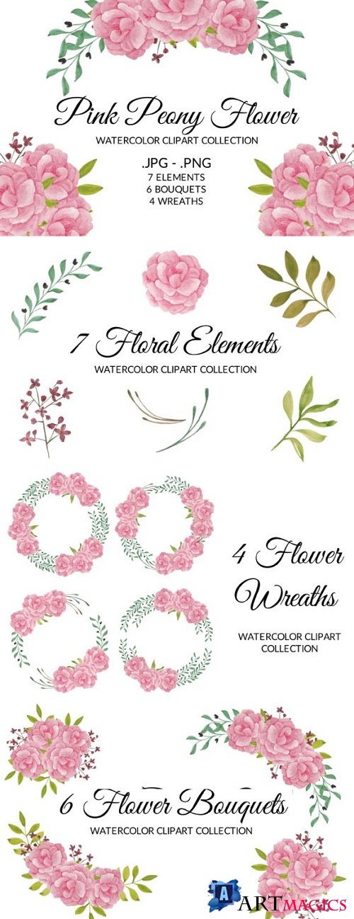 Pink Peony Flower Watercolor Clipart Set
